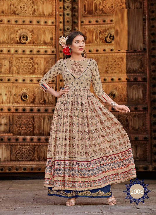 Cream Rayon Foli Print Long Kurti/Gown