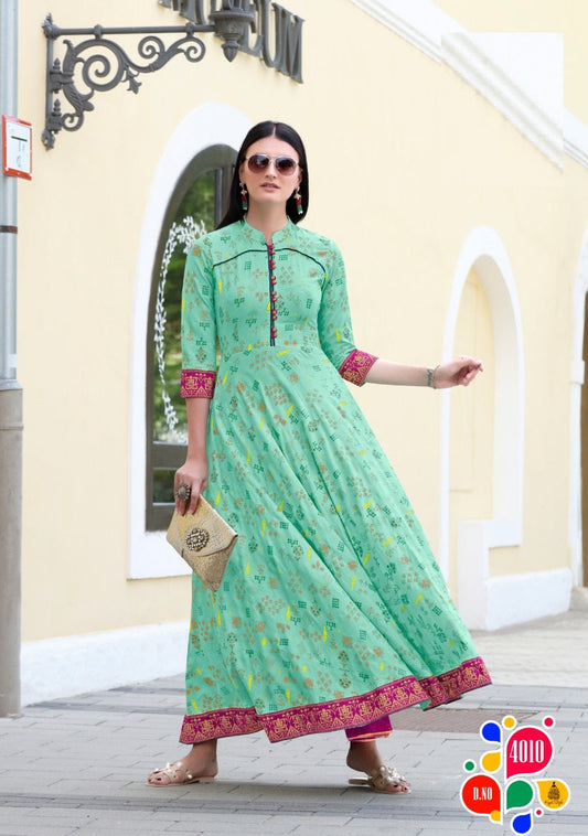 Aqua Green Rayon Foli Print Long Kurti/Gown
