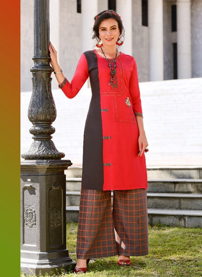 Pink Heavy Rayon with Embroidery Work Kurti with Grey Cotton Printed Palazzo
