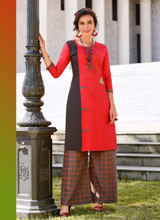 Pink Heavy Rayon with Embroidery Work Kurti with Grey Cotton Printed Palazzo