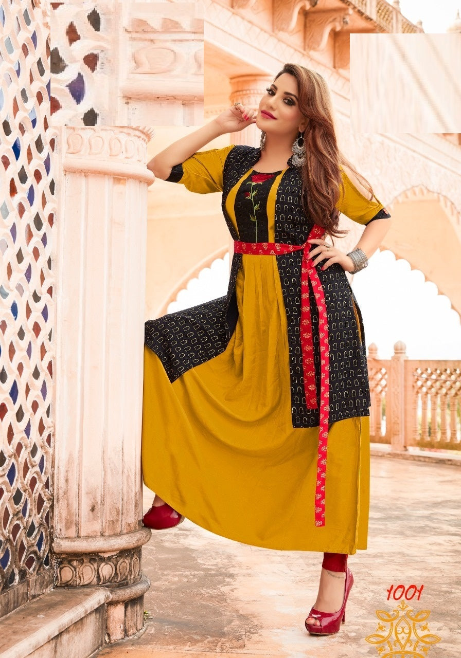 Yellow Rayon Embroidery Work Kurti With Separate Black Jacket