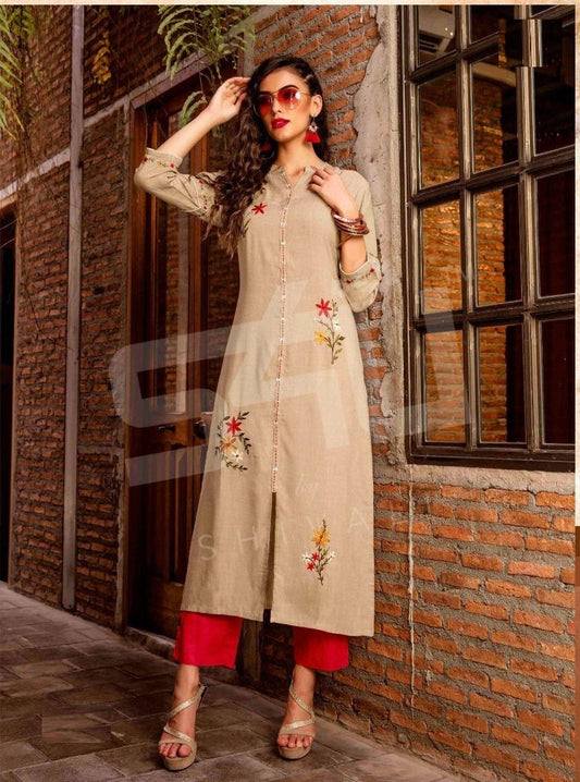 Peachpuff Fancy Handwork Straight Kurti