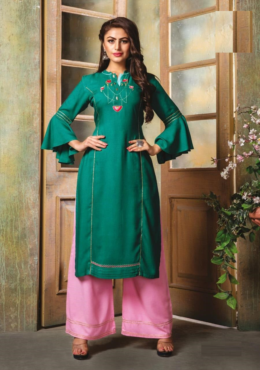 Green Heavy Rayon Embroidery Work Kurti & Rayon Pink Palazzo