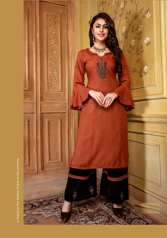 Orange Embroidery work Rayon Kurti with Black Rayon Palazzo