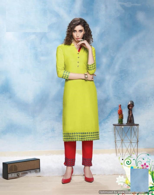 Mehandi Embroidery Kurti with Red Embroidery Pant