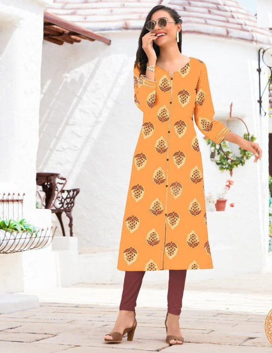 Orange Regular Wear Printed Rayon Kurti