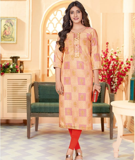 Orange Capsule Foil Print Straight fit Kurti With Gota Patti Piping Lace Casual Wear Women Kurti