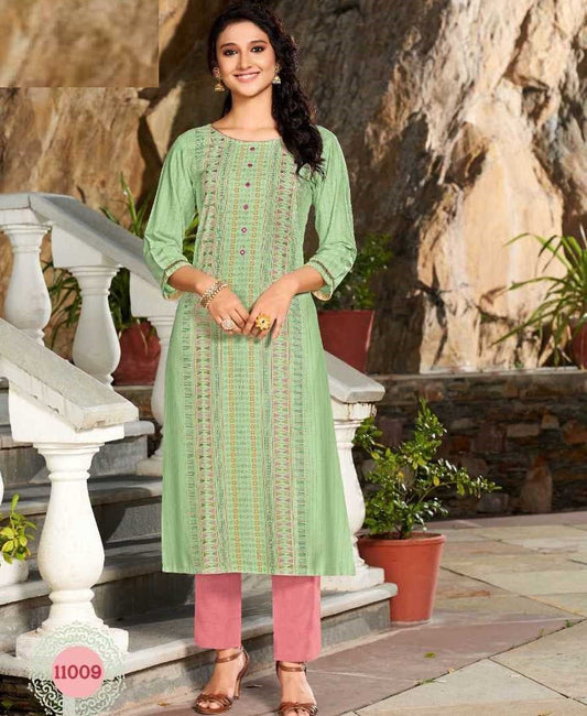 Light Green straight fit Printed Embroidery work Kurti