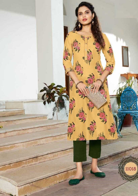 Beige straight fit Printed Embroidery work Kurti