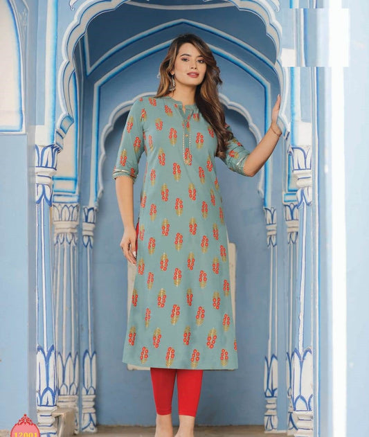 Green Rayon Capsule Foil Print Kurti
