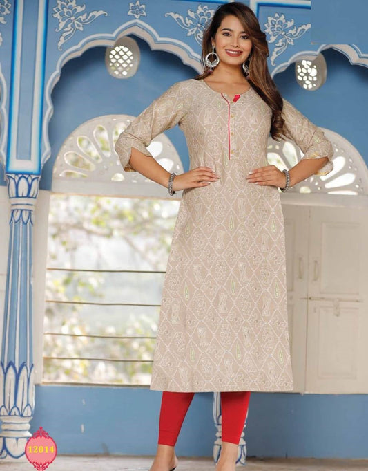 Beige Rayon Capsule Foil Print Kurti