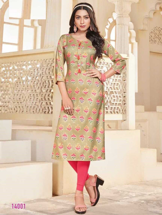 Pista Green Capsule Foil Print Straight Kurti With Gota Patti Piping Lace Casual Wear Women Kurti
