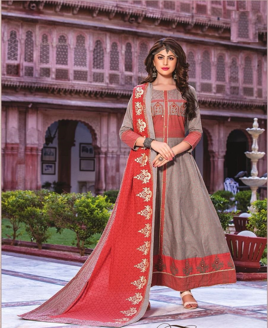 Beige and Red Cotton Long Printed Embroidery Kurti with Red and Beige Dupatta