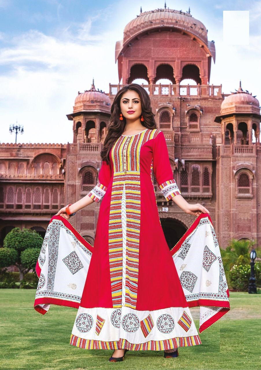 Red, White and Multicolor Cotton Long Printed Embroidery Kurti and Dupatta