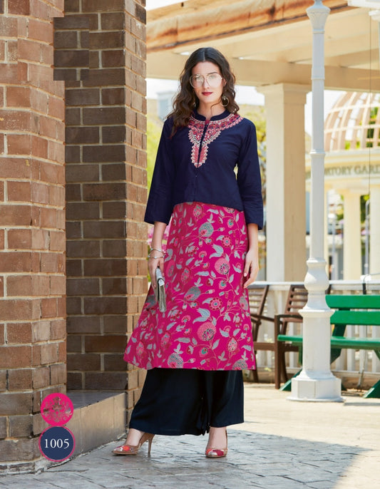 Pink Heavy Rayon Print Kurti with Separate Navy Blue Pullover Shrug