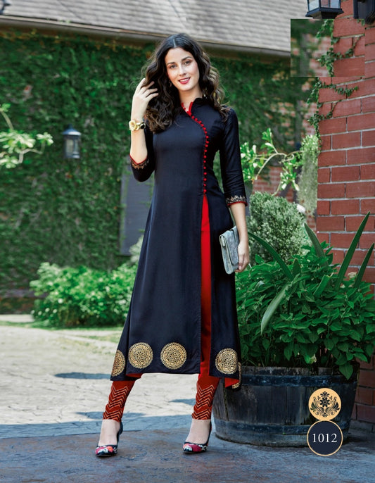 Navy Blue Printed Kurti with Red Printed Pant