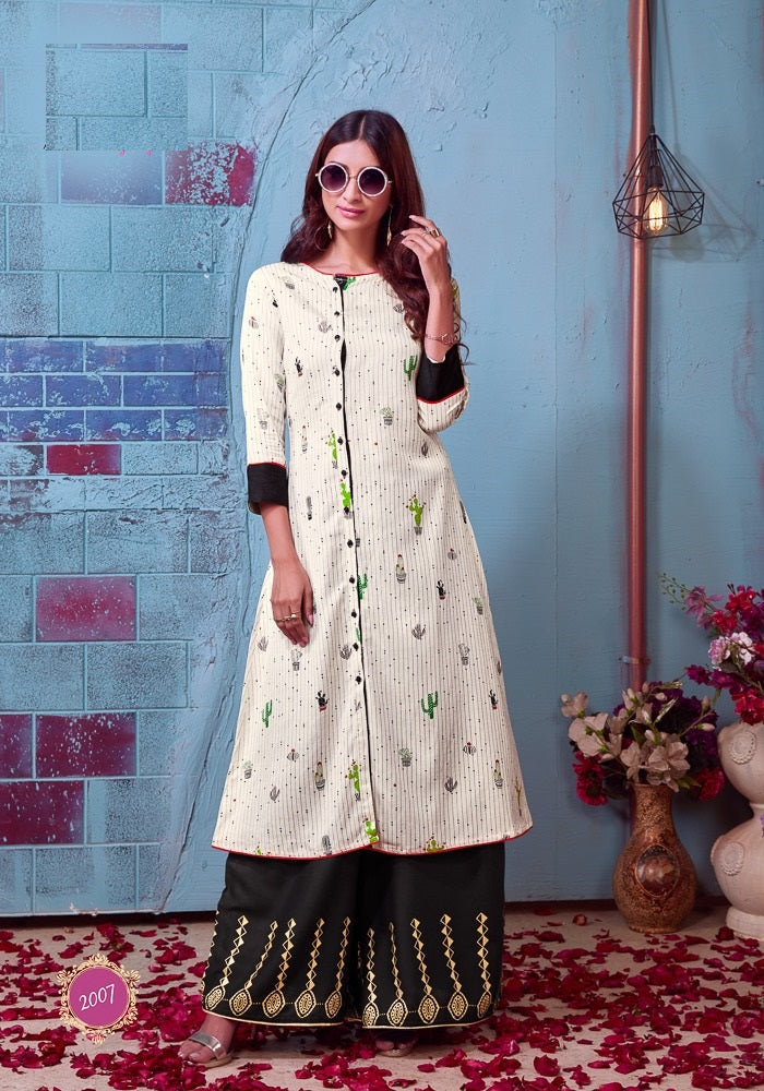 White Printed Rayon Kurti with Black Rayon Palazzo