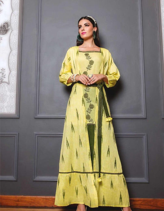 Yellow and Green Ikkat Cotton Box Print Embroidery A-line Kurti