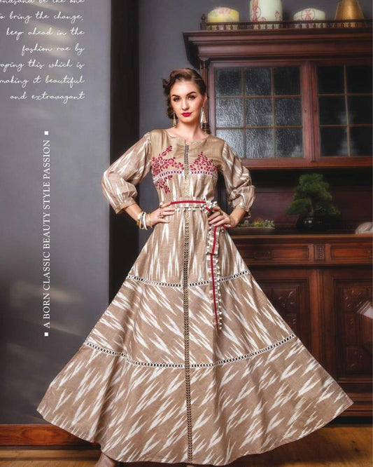 Light Brown and White Ikkat Cotton Box Print Embroidery A-line Kurti