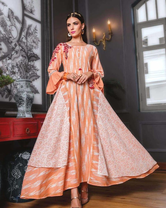 Peach and White Ikkat Cotton Box Print Embroidery A-line Kurti