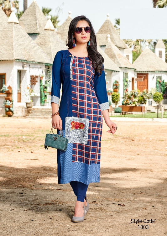 Navy Blue Heavy Rayon Embroidery Work Kurti