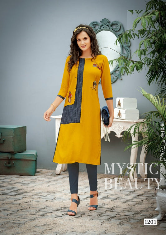 Yellow and Grey Heavy Rayon Embroidery Work Kurti