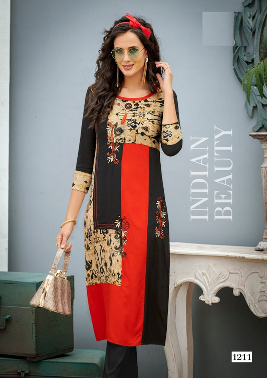 Grey, Red and Beige Heavy Rayon Embroidery Work Kurti