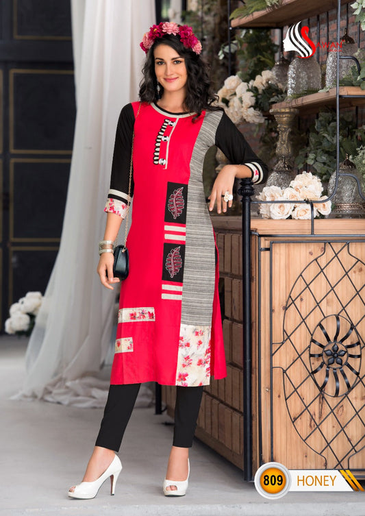 Pink and Multicolor Heavy Rayon Embroidery Work Kurti