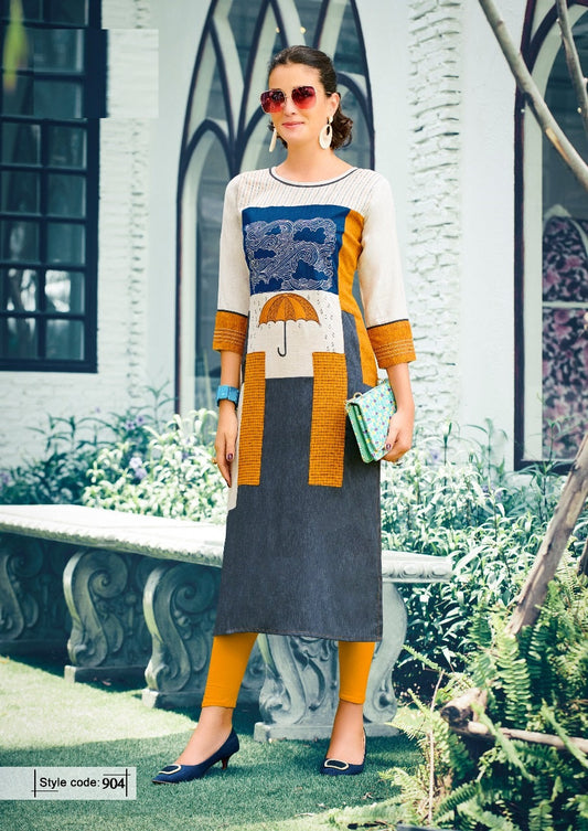Navy Blue and Multicolor Heavy Rayon Embroidery Work Kurti