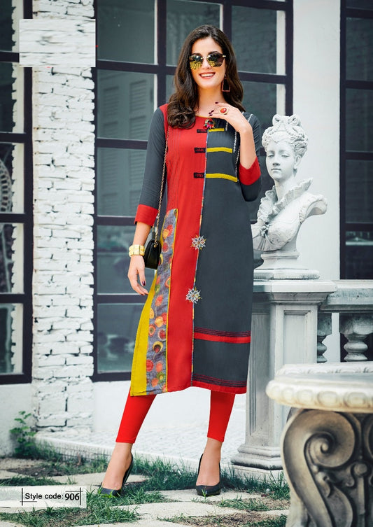 Grey, Red and Yellow Heavy Rayon Embroidery Work Kurti