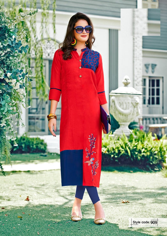 Red and Blue Heavy Rayon Embroidery Work Kurti