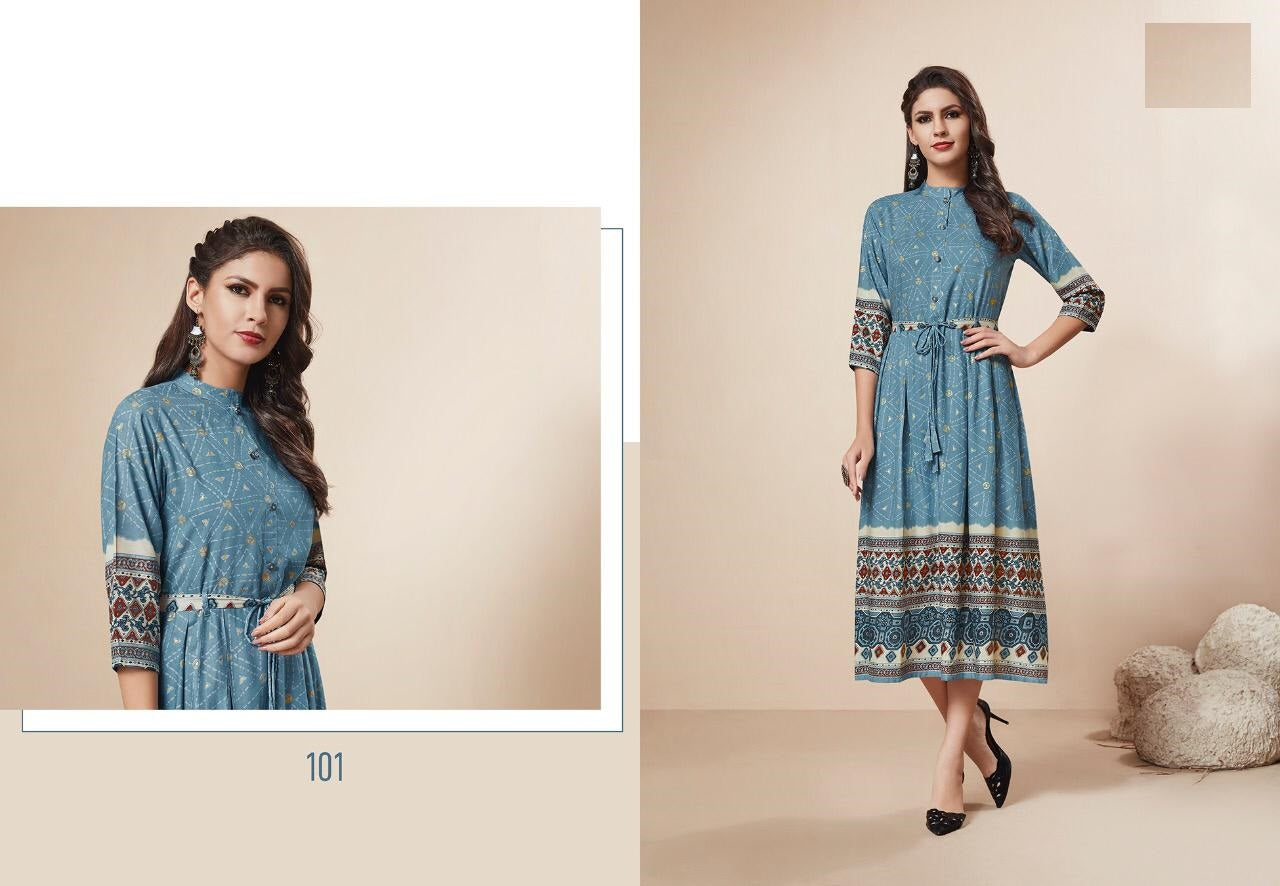 Light Blue Heavy Rayon Foil Print Kurti