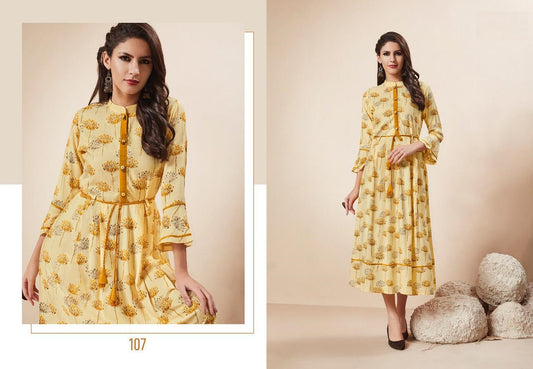 Creamish Yellow Heavy Rayon Printed Handwork Kurti