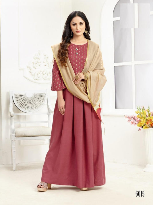 Pink Cotton Foil Print Anarkali Kurti with Beige and Pink Banrasi Dupatta