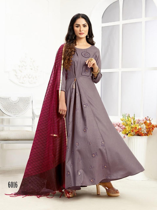 Purple Cotton Foil Print Anarkali Kurti with Maroon Banrasi Dupatta
