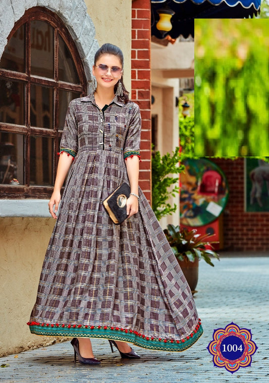 Brown Embroidery Work Rayon Gown Kurti