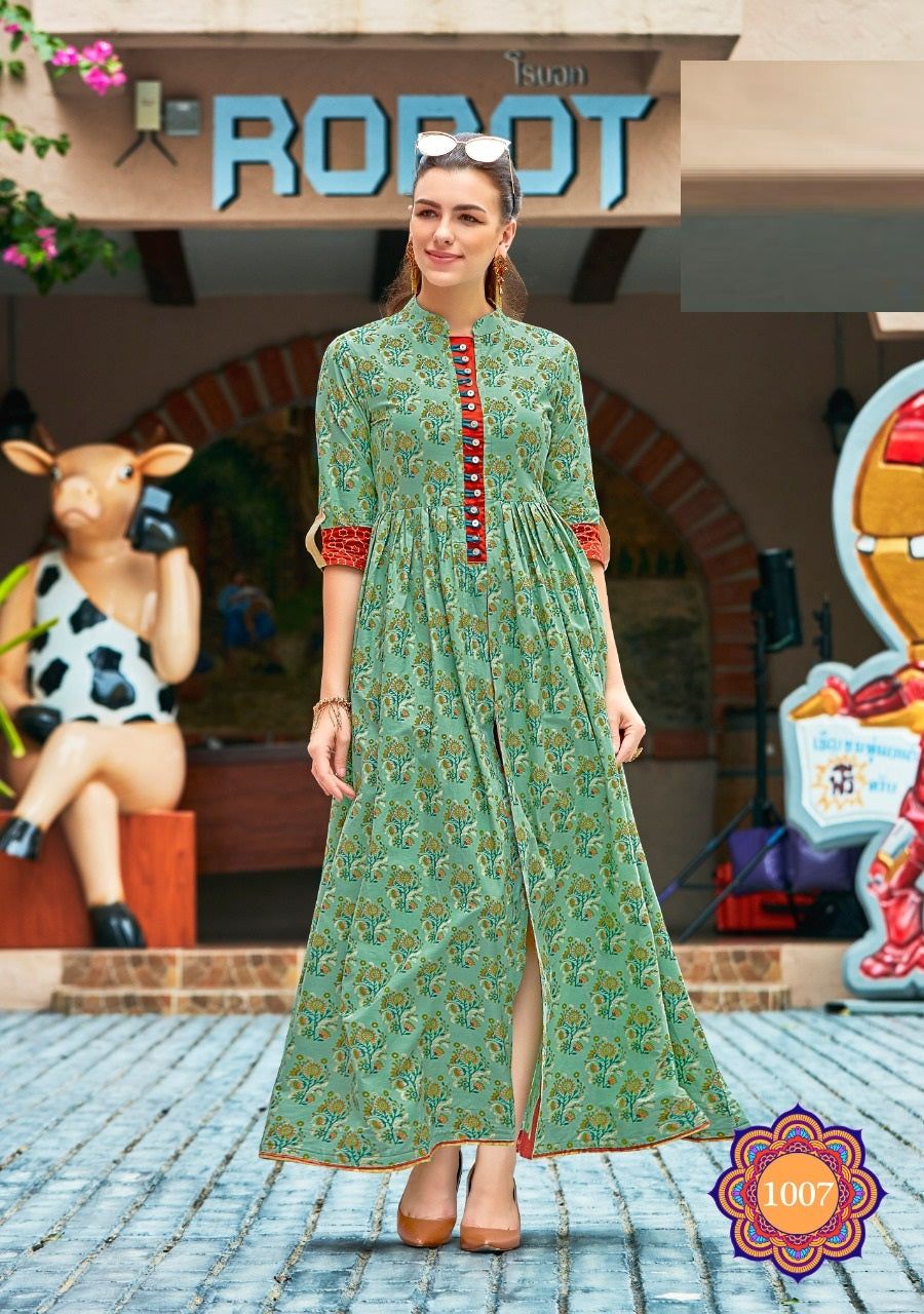 Green Printed Cotton Front Cut A-line Gown Kurti