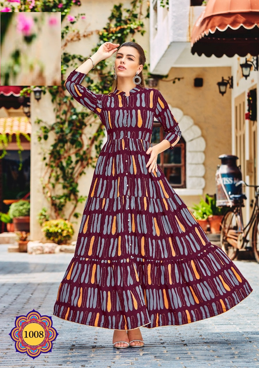 Purple and Multicolor Printed Cotton Front Cut A-line Gown Kurti