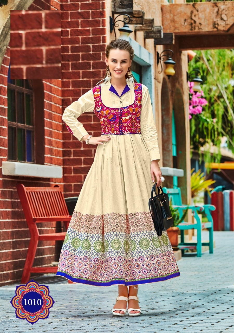 Cream and Multicolor Printed Cotton Front Cut A-line Gown Kurti