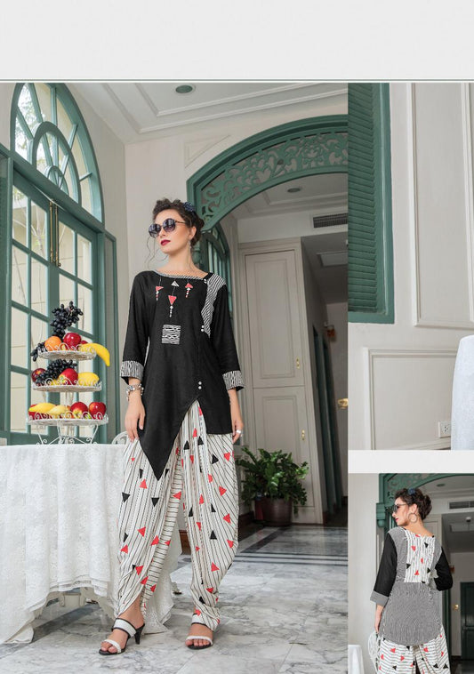 Black Printed Rayon Kurti with White Printed Dhoti Style Pant