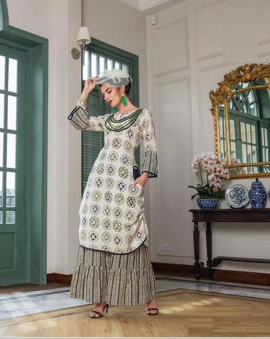 Cream and Multicolor Printed Rayon Kurti with Flared Palazzo
