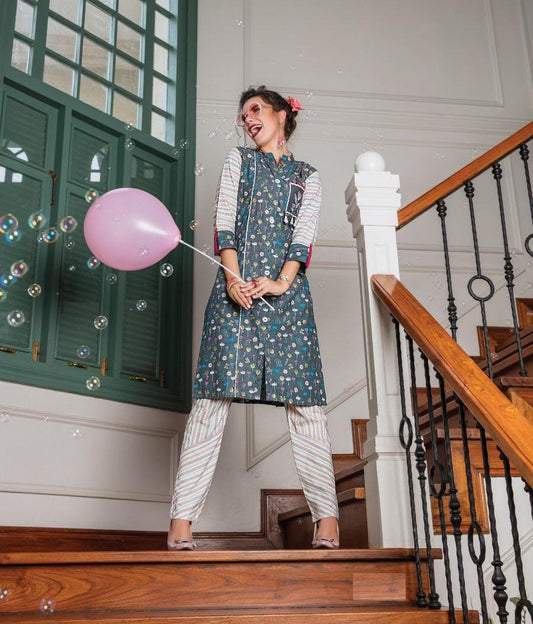 Grey and Multicolor Printed Rayon Kurti with Off White Printed Pant