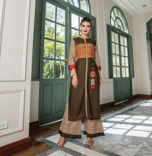 Brown and Multicolor Printed Rayon Kurti with Flared Palazzo