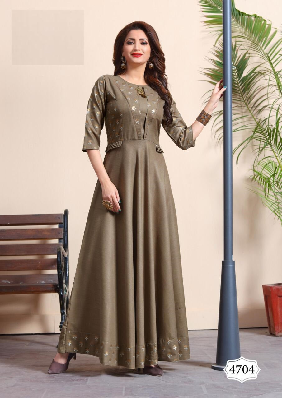 Brown Gown Style Rayon Kurti with Foil Print