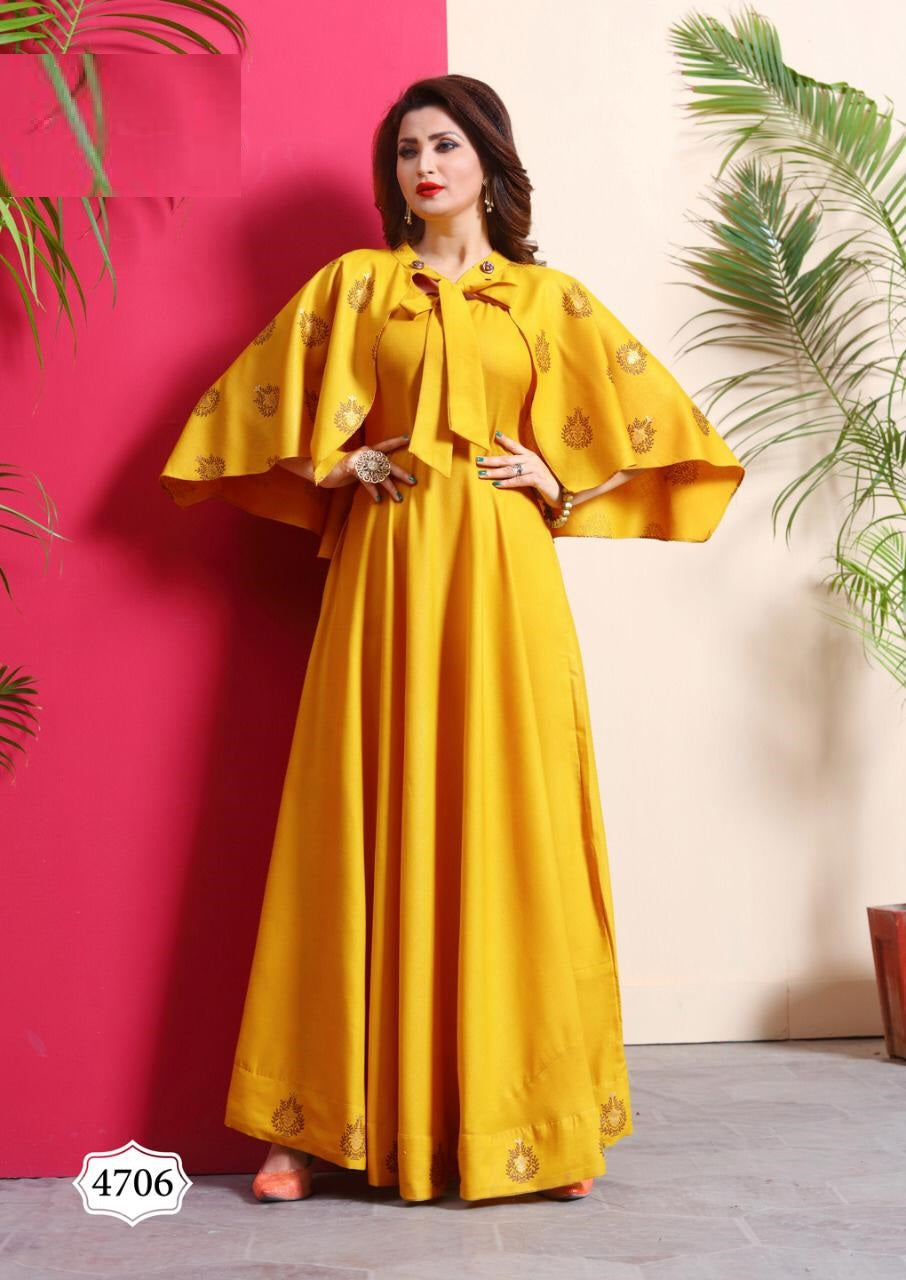 Yellow Gown Style Rayon Kurti with Foil Print