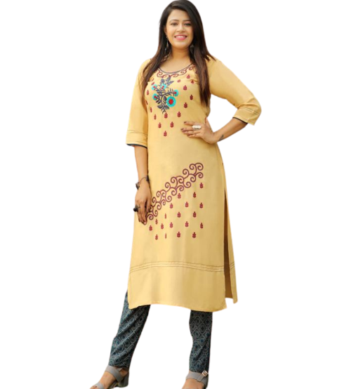 cream embroideried rayon kurti with greay pants