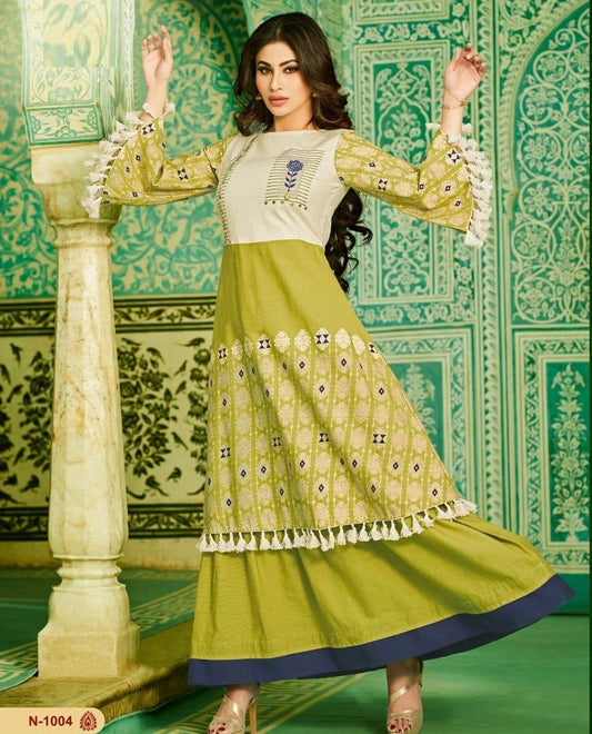 Pista and Cream Embroidery Work Printed Cotton Gown Kurti