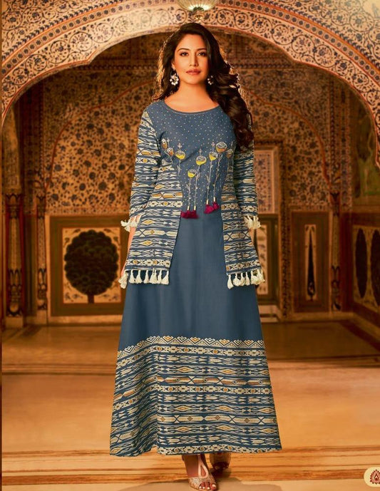Blue and Multicolor Embroidery Work Printed Cotton Gown Kurti