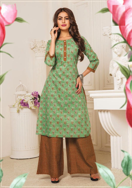 Green Printed Rayon Kurti with Brown Rayon Palazzo