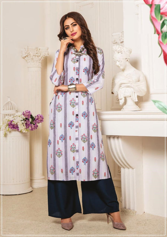 Purple and Multicolor Printed Rayon Kurti with Blue Rayon Palazzo